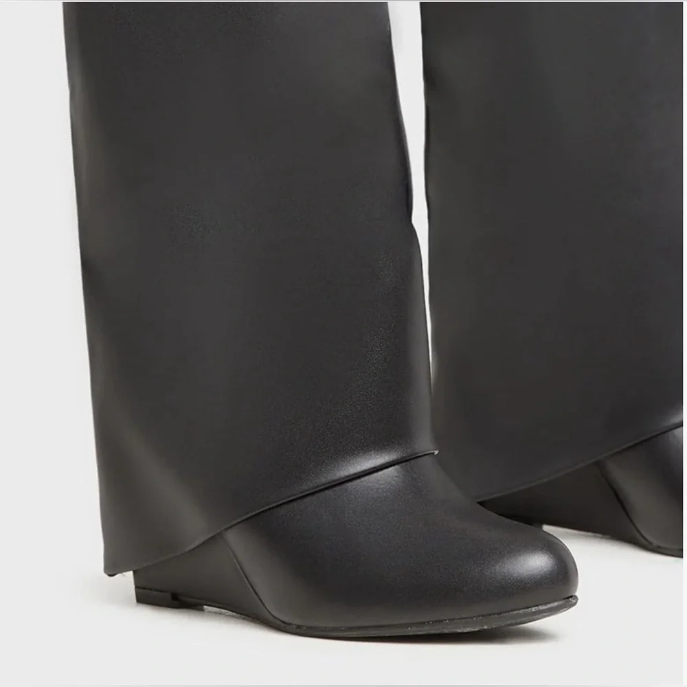 NEW IN BOX Black Fold Over Wedge Heel Wide Calf Pull On Knee High Boots Size 10 - Picture 6 of 16
